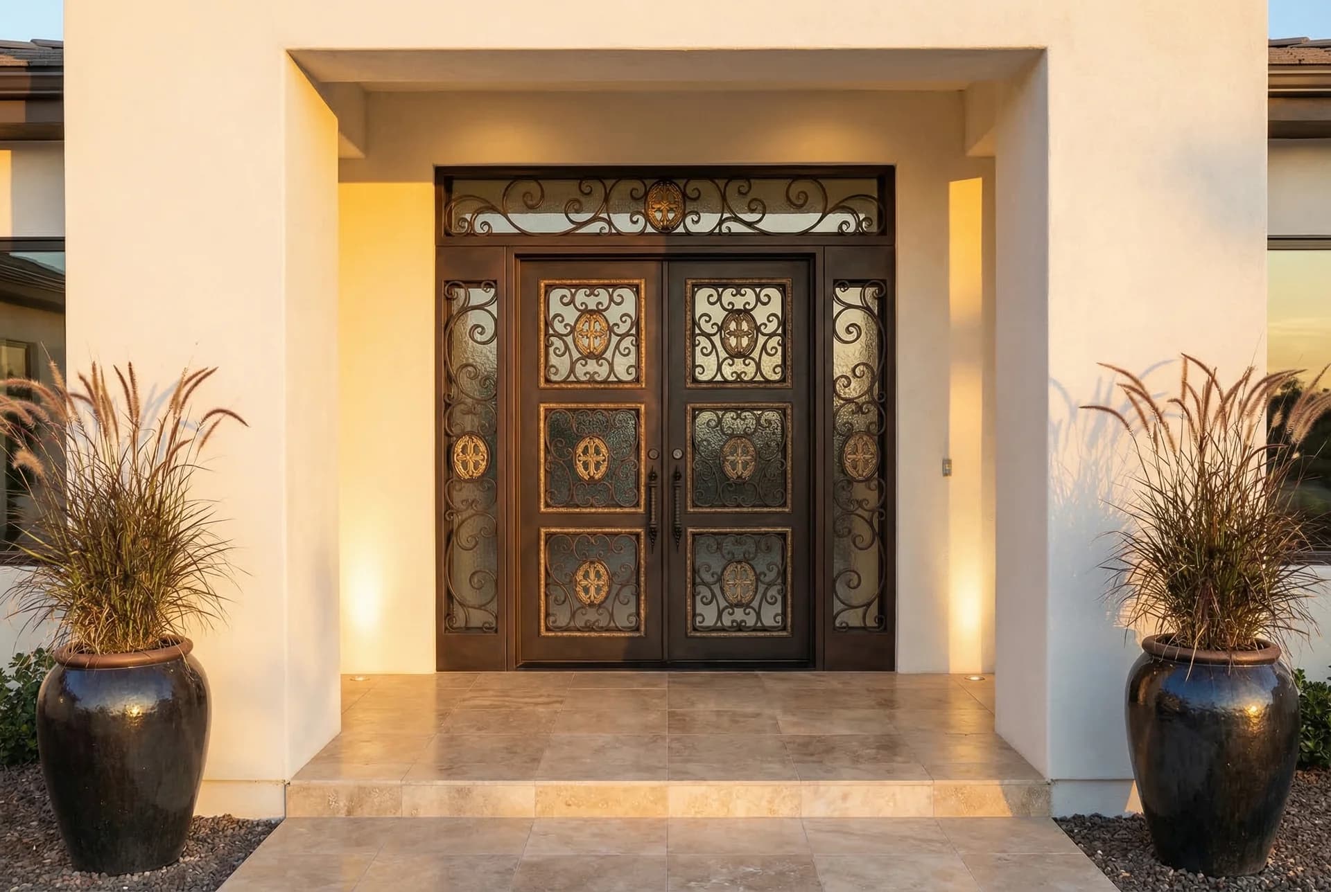 Luxury iron door in warm stucco entry
