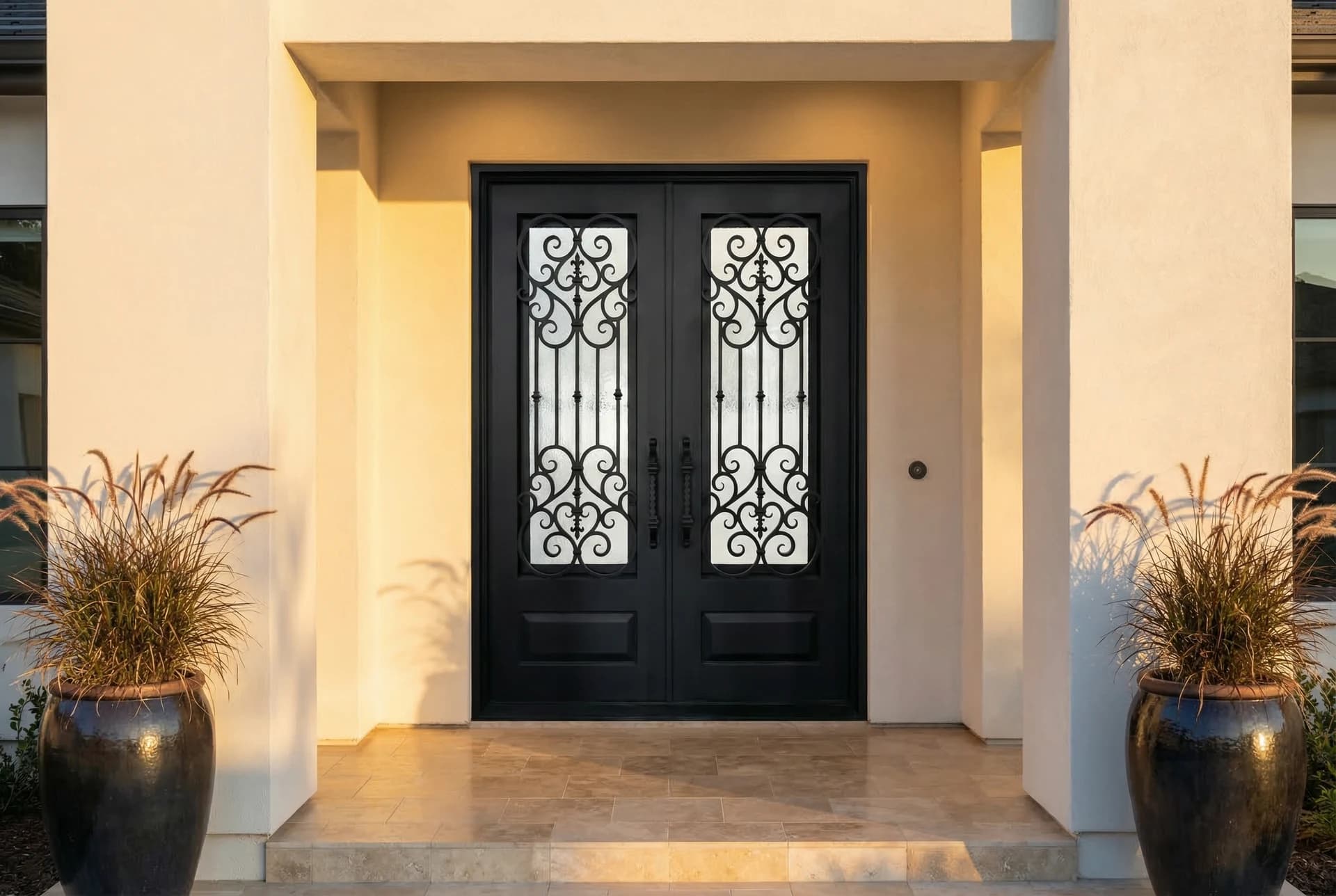 Modern straight top iron door in warm stucco entry