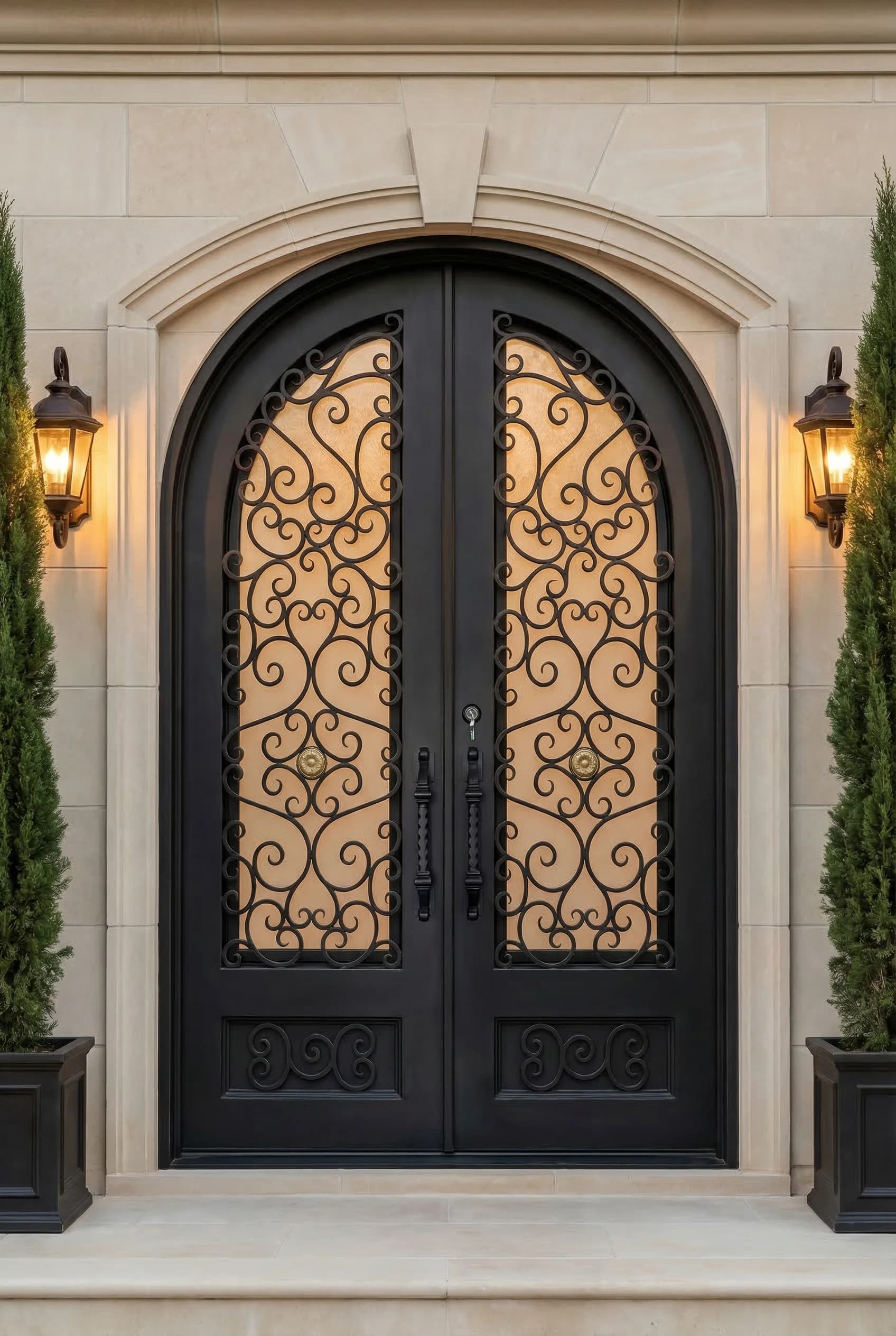 Full arch iron door in elegant stone entry