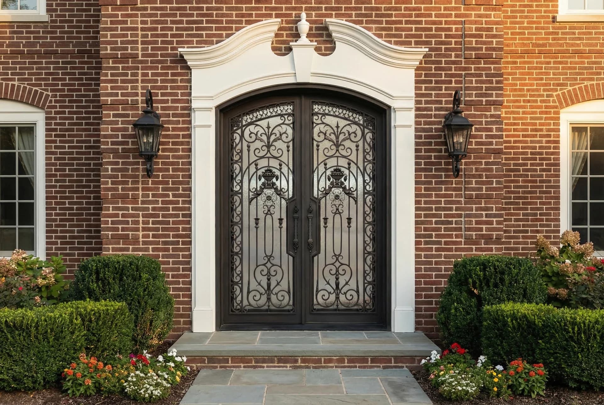 Eyebrow top iron door in brick traditional home